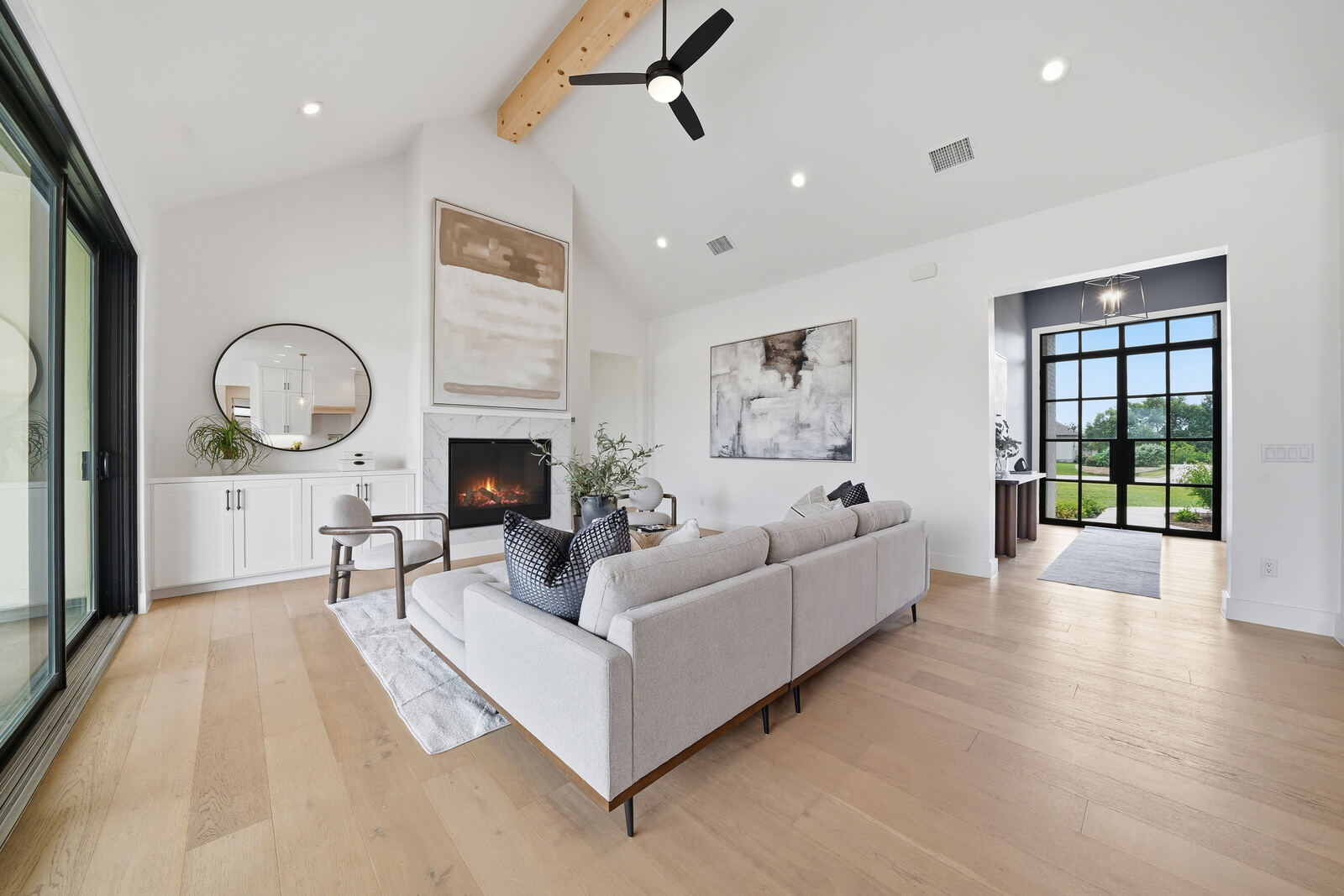 Bright modern living room with vaulted ceiling