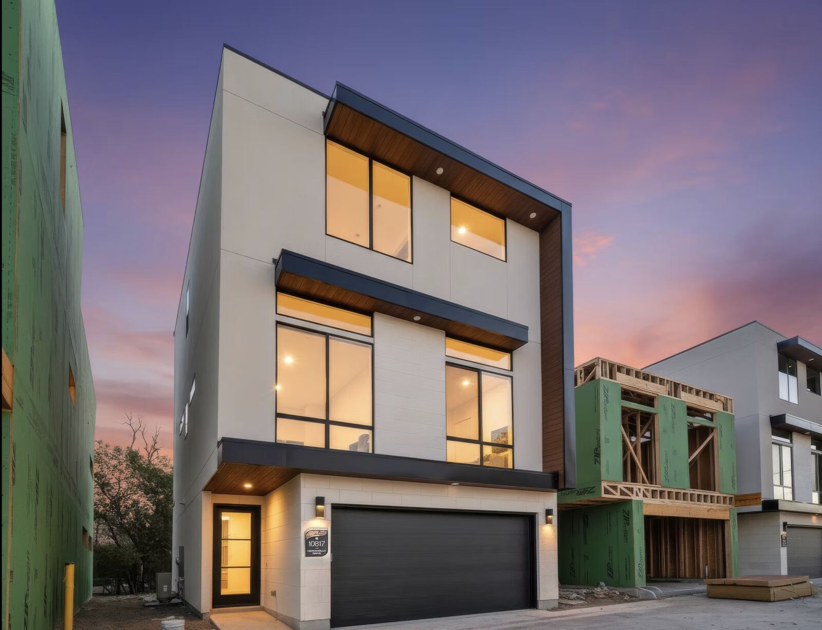 Modern new-construction home at twilight