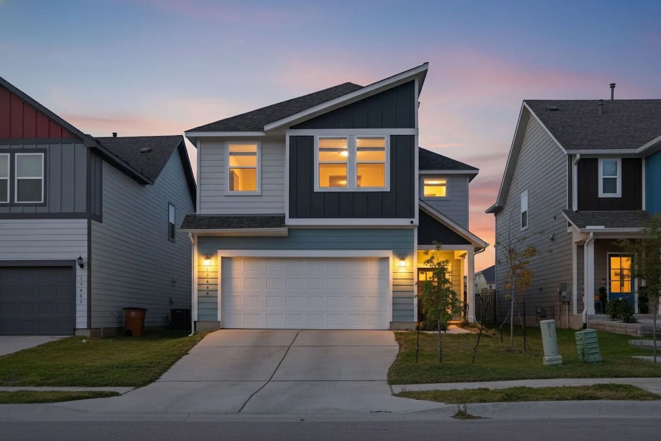 Two-story home at twilight